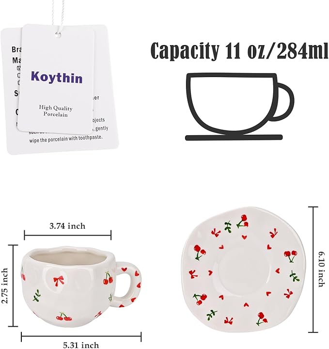 Koythin Ceramic Coffee Mug with Saucer Set, Cute Creative Cherry Bow Cup Unique Irregular Design for Office and Home, 10 oz/300 ml for Latte Tea Milk
