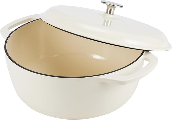 Amazon Basics Cast Iron Dutch Oven Pot with Lid, Enameled, Round, Dual Handles, Heavy-Duty, Medium, 6-Quart, White