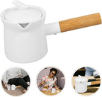 PATKAW Enamel Milk Pan Small Saucepan Enamelware Butter Warmer Mini Cooking Pot with Wooden Handle Lid for Heating Melting Boiling 350ml White