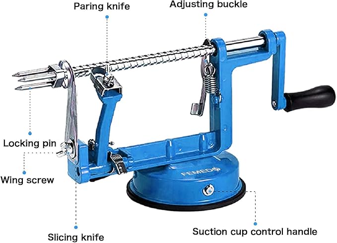 Apple Peeler Slicer Corer with Stainless Steel Blades and Powerful Suction Base for Apples Pears Potatoes(Blue)