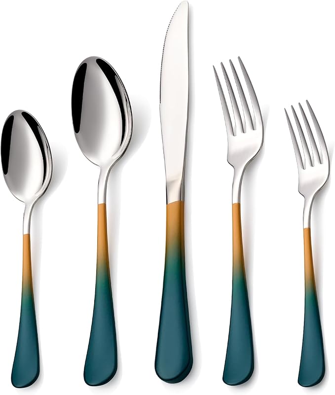 20 Piece Green and Orange 18/0 Flatware Utensil Set for 4, Include Dinner Knife,Dinner Forks,Dinner Spoons,Salad Forks,Teaspoons,Silverware Set for 4, Dishwasher Safe