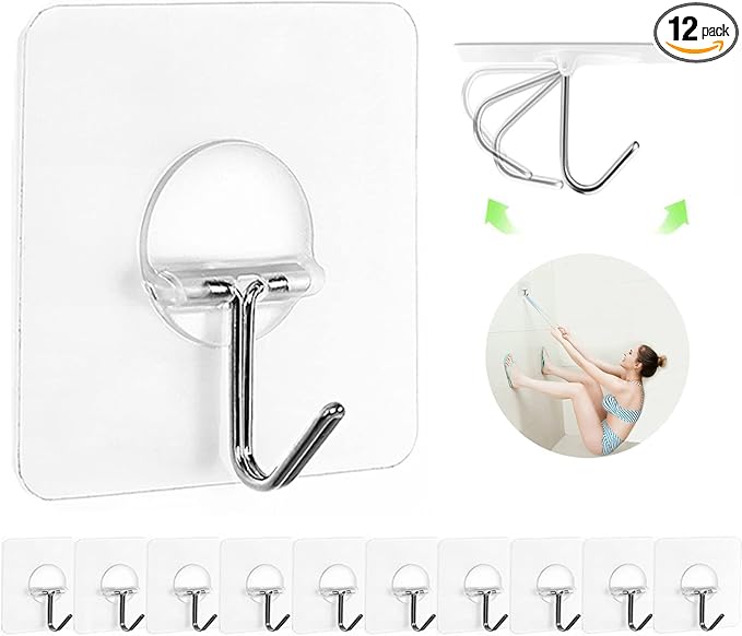 Adhesive Hooks for Hanging Heavy Duty Wall Hooks Self Adhesive Towel Coat Hooks Waterproof Transparent Hook for Bathroom Shower Kitchen Keys Door Outdoor Home Improvement Utility Hook 12 Pack