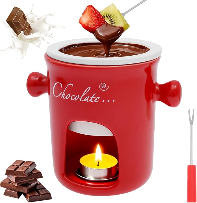 Chocolate Fondue Mug with Fork, 280ml Ceramic Chocolate Fondue Cup Set, Chocolate Melting Mug, Great for Cheese, Butter - Date Nights, Birthdays, Anniversary, Weddings (Red)