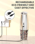 CIRCLE JOY Rechargeable Gravity Electric Salt and Pepper Grinder Set, Stainless Steels Salt and Pepper Mills with LED Light, No Battery Needed, Adjustable Coarseness, Washable 135ml Container, Silver