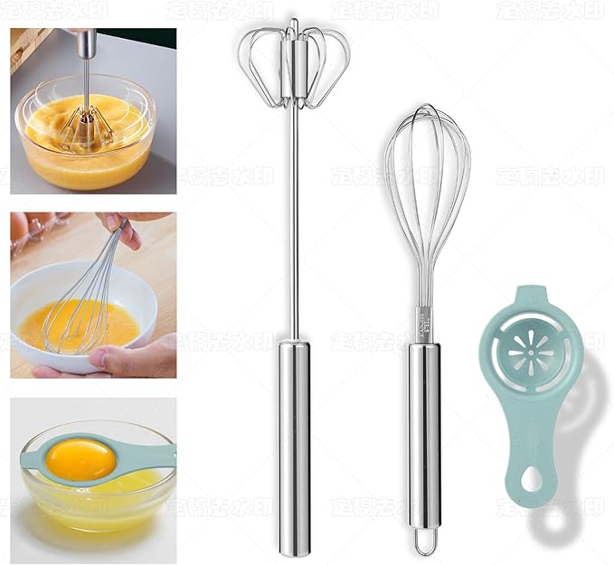 3-Piece Whisk Set with Yolk Separator - Semi-Auto & Manual Cooking Whisks for Baking Mixing, Egg Foaming | Stainless Steel Beating Tools with Ergonomic Handles (3PC Kitchen Gadgets)