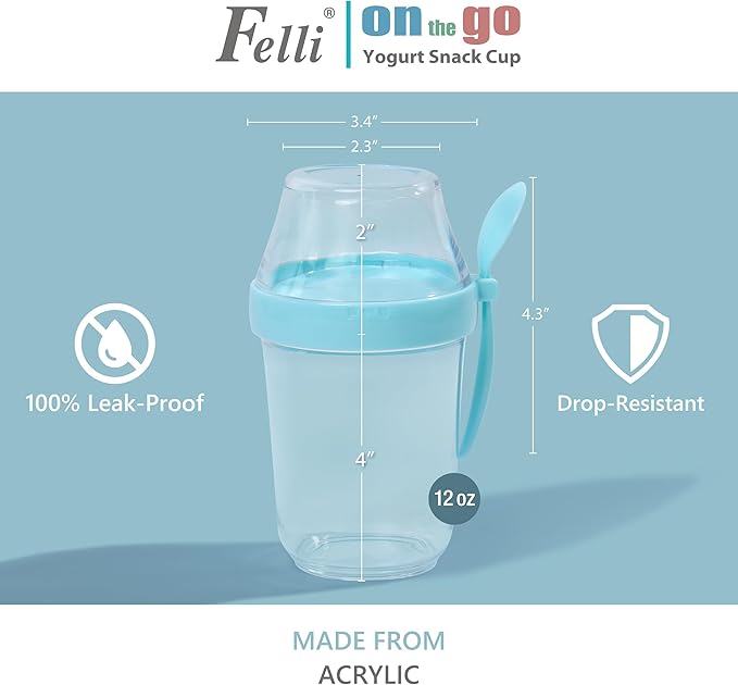 Felli On the Go Yogurt Parfait Snack Cup 12 oz Reusable Leak Proof + Travel Spoon, Topping Holder for Fruit Cereal Milk, To Go Lunch Healthy Portion Control Overnight Oats Container Clear (2, Blue)