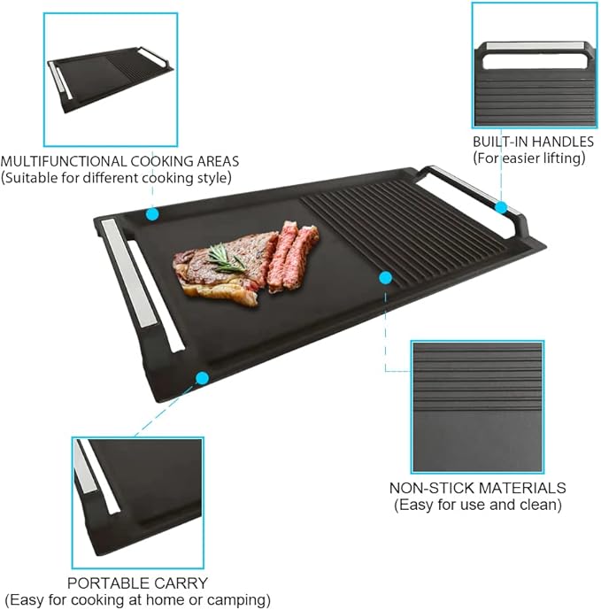COVERCOOK Griddle Pan, Cast Iron Grill Hot Plate, Rectangular Grill, 2 handles with Flat and Ridged Surface for Induction Electric Cooktop，16.7 x 9.1inch