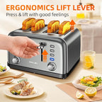 Grey Toaster 4 Slice, Dual Independent Controls, Extra Wide Slot Toasters for Bagel, Bread, Waffles, 7 Shade Settings, 4 Main Functions, Removable Crumb Tray, 1500 Watts, Grey Stainless Steel