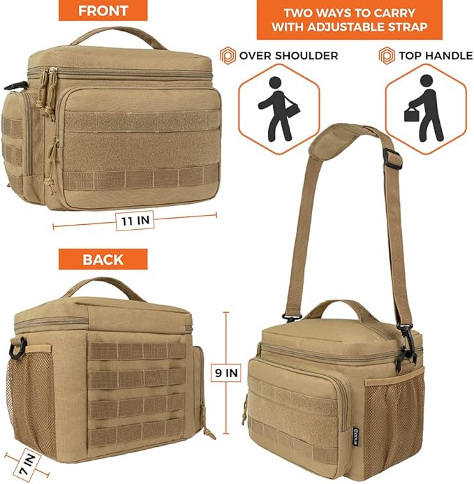 opux Tactical Lunch Box for Men, Tan Mens Insulated Lunch Bag for Adult, Leakproof Soft Lunch Cooler with MOLLE Mesh Side Pockets, Multicam Heavy Duty Lunchbox Pail for Work Women, Large, 18 Cans