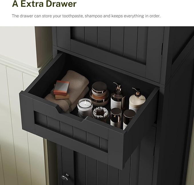 67" H Tall Storage Cabinet with 2 Doors and 1 Drawer, Narrow Black Cabinet with Adjustable Shelves, for Bathroom, Living Room, Entryway, Kitchen, Black