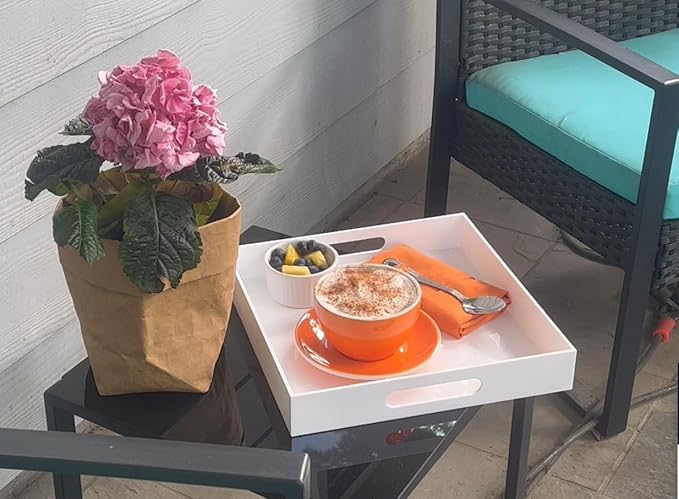 Glossy White Acrylic Serving Tray with Handles-Lucite Tray for Ottoman,Coffee Table, Breakfast, Tea, Food, Butler - Decorative Tray (12x20 Inch, White)