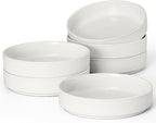 E-far Pasta Bowls Set of 6, 35oz Large Salad Bowl Plate for Dinner Serving Soup, Wide & Shallow Ceramic Stoneware Pasta Plates, Microwave & Dishwasher Safe, Textured Stripes & Speckled White, 8”