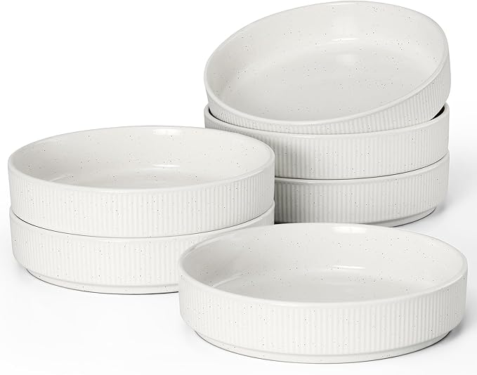 E-far Pasta Bowls Set of 6, 35oz Large Salad Bowl Plate for Dinner Serving Soup, Wide & Shallow Ceramic Stoneware Pasta Plates, Microwave & Dishwasher Safe, Textured Stripes & Speckled White, 8”