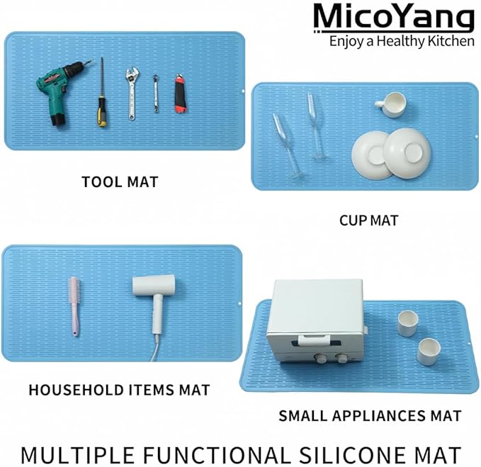 Silicone Dish Drying Mat for Multiple Usage,Easy clean,Eco-friendly,Heat-resistant Silicone Mat for Kitchen Counter or Sink,Refrigerator or Drawer Liner Light Blue 5XL 36inches x 18inches