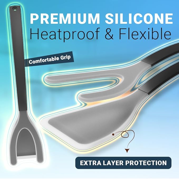 Silicone Egg Flipper Spatula Tongs (Set of 1) – Non-Stick 2-in-1 Grip & Flip Kitchen Tongs for Pancakes, Fish, Eggs, and More – Heat Resistant Cooking Tool (Black) (Black)