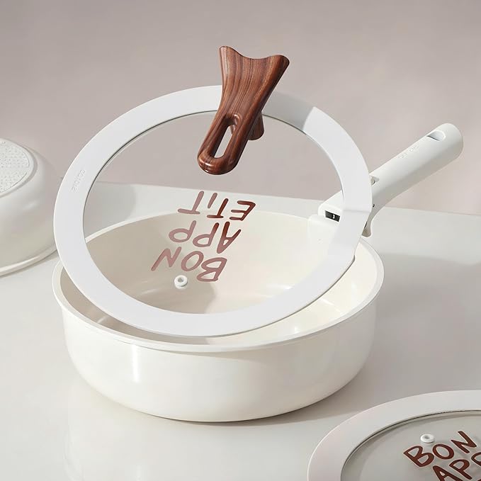 CAROTE 18Pcs Ceramic Cookware Set with Detachable Handle, Pots and Pans Set Non Stick, Non Toxic Kitchen Cooking Sets with Stand-Up Lid, PFAS and PFOA Free, Oven Safe, Induction Ready, Cream White