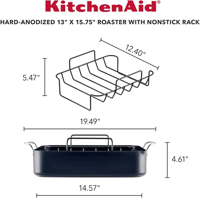 KitchenAid Hard Anodized Roasting Pan/Roaster with Removable Rack, 13 Inch x 15.75 Inch - Matte Black