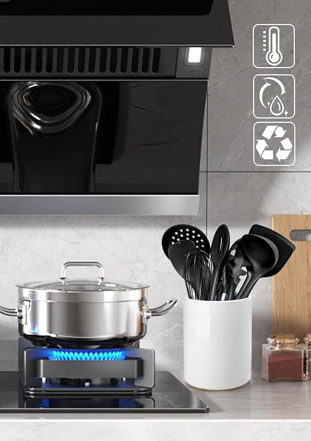 Nucookery Utensil Holder, 6.4" Ceramic Kitchen Utensil Holder with Countertop-Protection Cork Bottom, Farmhouse Kitchen Decor for Counter, Gift (White)