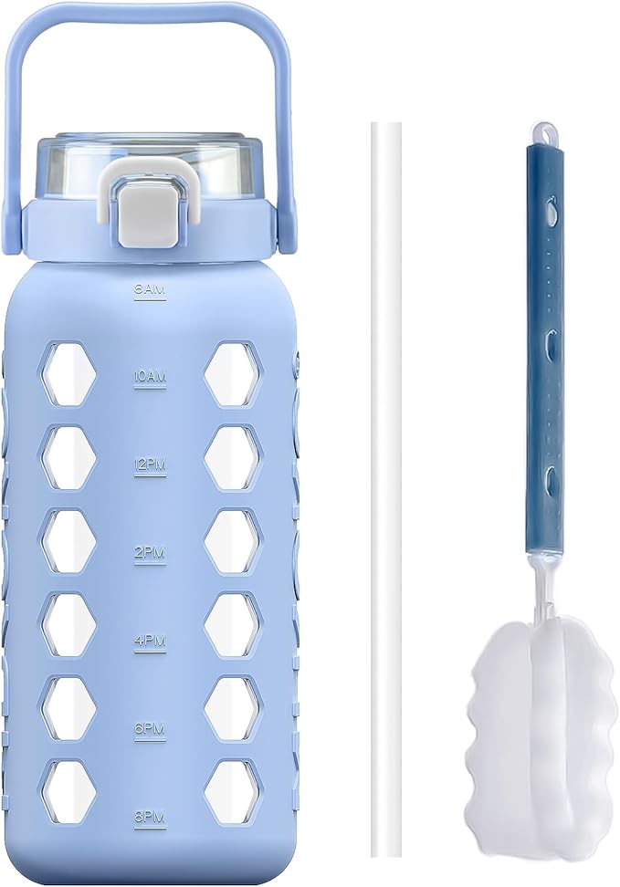 MUKOKO Half Gallon/64 oz Glass Water Bottles with Straw and Lid,Motivational Water Jug with Time Marker Reminder and Silicone Sleeve,100% Leakproof BPA Free Fitness Sports Large Bottle-Light Blue