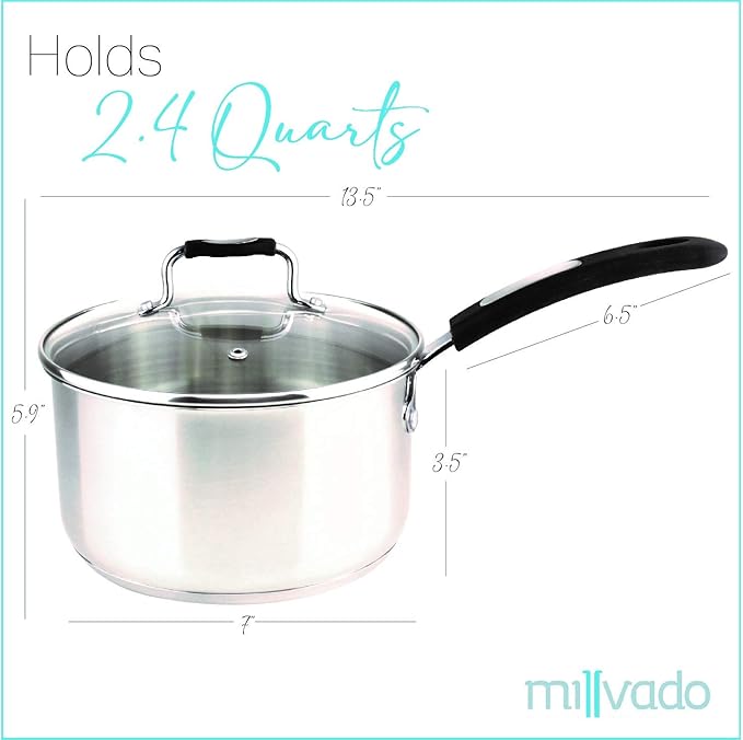 Sauce Pan, Stainless Steel 2.4 Quart Sauce Pan with Clear Glass Lid and Permanent Measurement Markings, Small Boiling Pot, Induction, Gas Electric Compatible