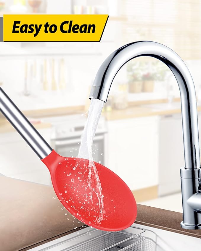 Pack of 2 Large Silicone Cooking Spoons,Non Stick Solid Basting Spoon,Heat-Resistant Kitchen Utensils for Mixing,Serving,Draining,Stirring (RED)