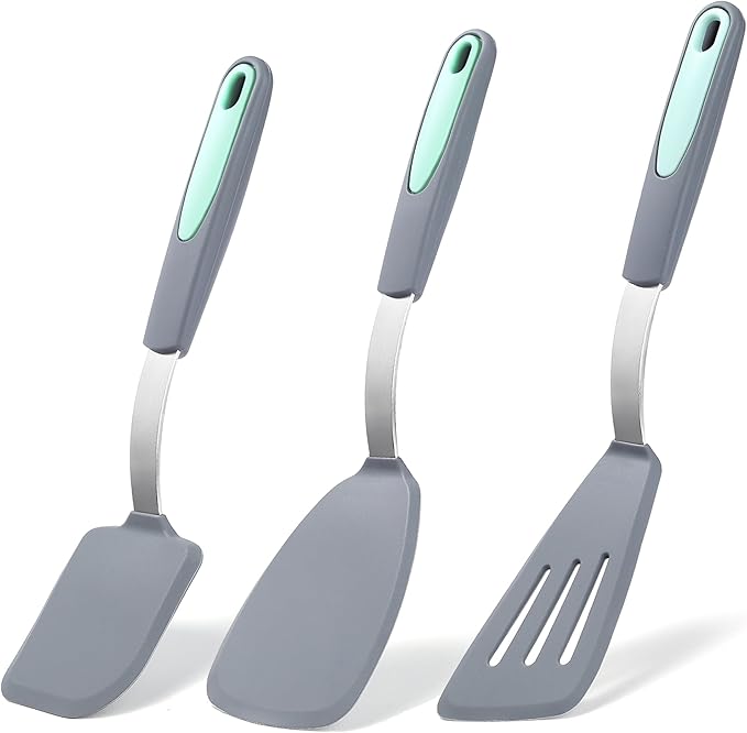 To encounter 3 Pieces Silicone Spatula Set, Heat Resistant Flexible Turner Spatulas, Nonstick Cookie Spatula, Fish Spatula, Dishwasher Safe, Light Grey