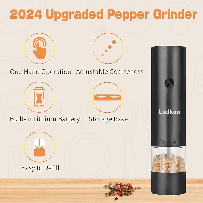 Electric Pepper Grinder and Salt Mill Set - Dual Pack Rechargeable with Storage Base, Adjustable Coarseness, Type-C Charging, Each 40ml Capacity for Kitchen, Travel & Gift