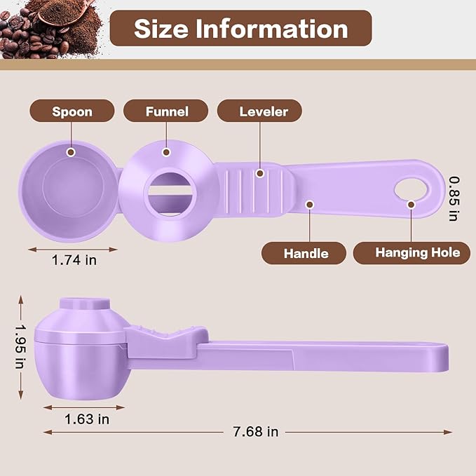 2-in-1 Coffee Scoop with Funnel, 2 Teaspoon Measuring Spoon for Reusable Pods, Ground Coffee, Protein Powder & Tea, Mess-Free Plastic Design (Light Purple)