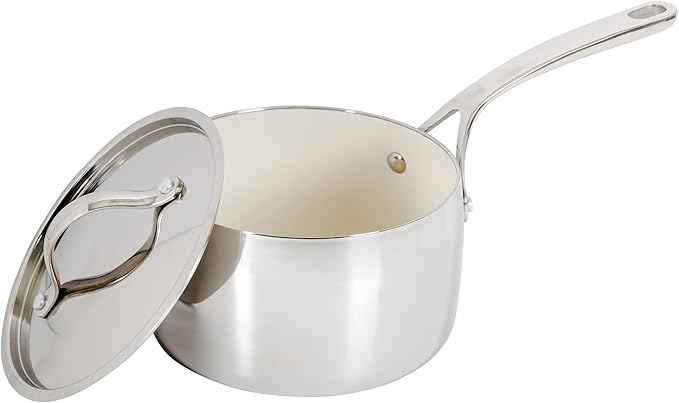 Bloomhouse - Two Time Oprah's Favorite Things Winner - 3-Quart Tri-Ply Stainless Steel Saucepan – Non-Stick, Non-Toxic Pro Ceramic Interior, Durable Cooking Pot for Sauces and Simmering