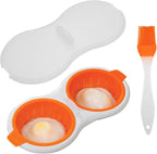 2 Cavity Microwave Egg Poacher, Microwavable Poached Egg Cooker with Lid & Handle Double Layer Microwave Egg Poacher Boiled Eggs Maker Poached Egg Cup for Breakfast with Oil Brush