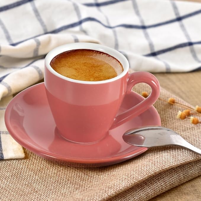 Porcelain Espresso Cup with Saucer And Stainless Steel mini Spoons, Espresso shot Cup, 80ml/2.7Oz, Pack of 2, Pink