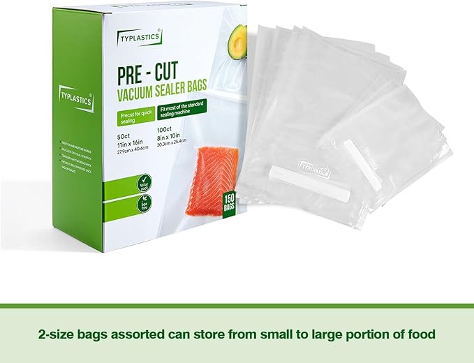 TYPLASTICS Vacuum Sealer Bags, Set of 150 Pre-Cut, Quart and Gallon, for Food Saver, Airtight Vac Storage, Meal Prep