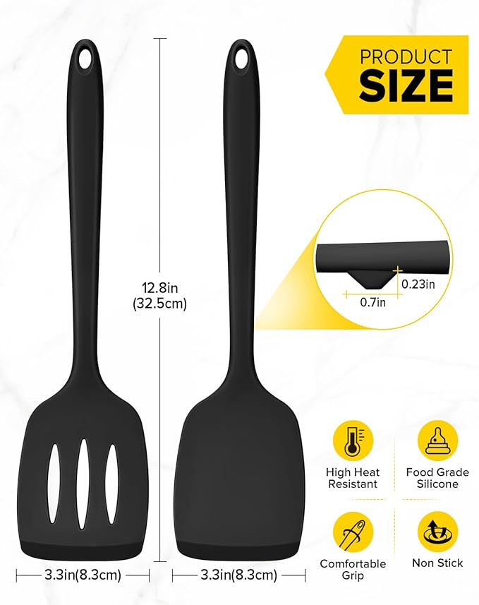 Pack of 2 Silicone Spatula Turners, Non Stick Slotted Kitchen Spatula Set, Heat Resistant BPA Free Kitchen Utensils, One-Piece Design, Suitable for Flipping Fish, Eggs, Steak, Pancakes(BLACK)