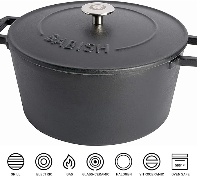 Babish 6-Quart Round Enamel Cast Iron Dutch Oven with Lid – Matte Black, Heavy-Duty Dutch Oven for Slow Cooking, Braising & Baking