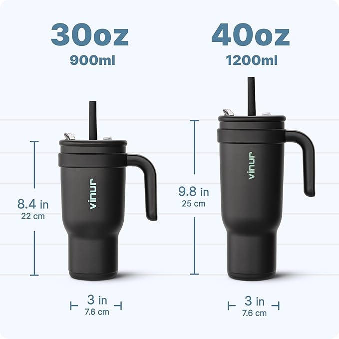 VINUR 30 oz Insulated Tumbler with Handle & Straw Lid-Stainless Steel Double Wall Vacuum Drink Water Cup Coffee Mug with Rubber Base, Black