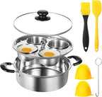Egg Poacher Pan Nonstick 4 Eggs, Poached Egg Cooker, Poached Egg Pan, Stainless Steel Egg Poacher, Includes Stainless Steel Pot, 4 Cups, Silicone Brush & Spatula, Suitable for Multiple Stove Types