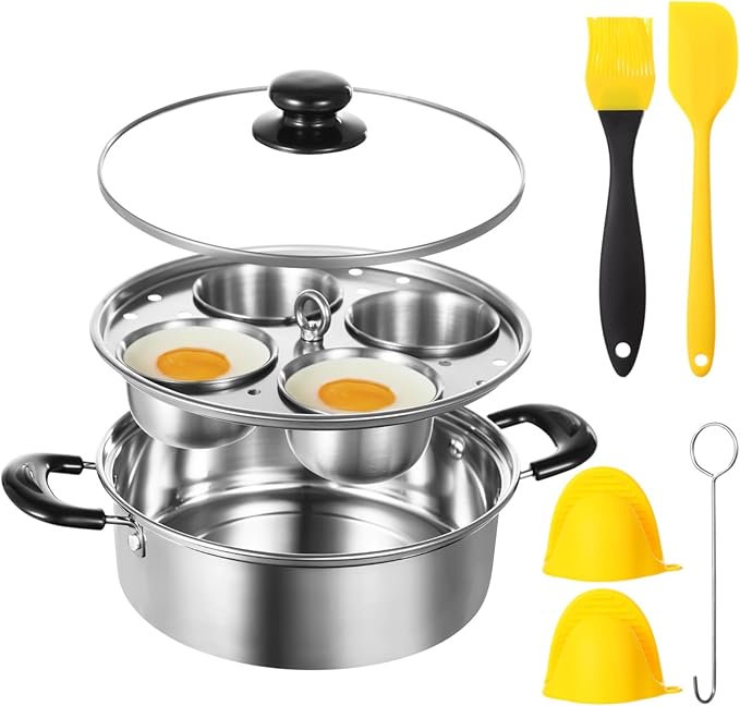 Egg Poacher Pan Nonstick 4 Eggs, Poached Egg Cooker, Poached Egg Pan, Stainless Steel Egg Poacher, Includes Stainless Steel Pot, 4 Cups, Silicone Brush & Spatula, Suitable for Multiple Stove Types