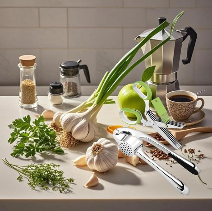 Garlic Press and Herb Scissors Set, 6 Pieces with Garlic mincer and Multipurpose Scissors, Rustproof Tools for Kitchen Use. (Silver+Green)