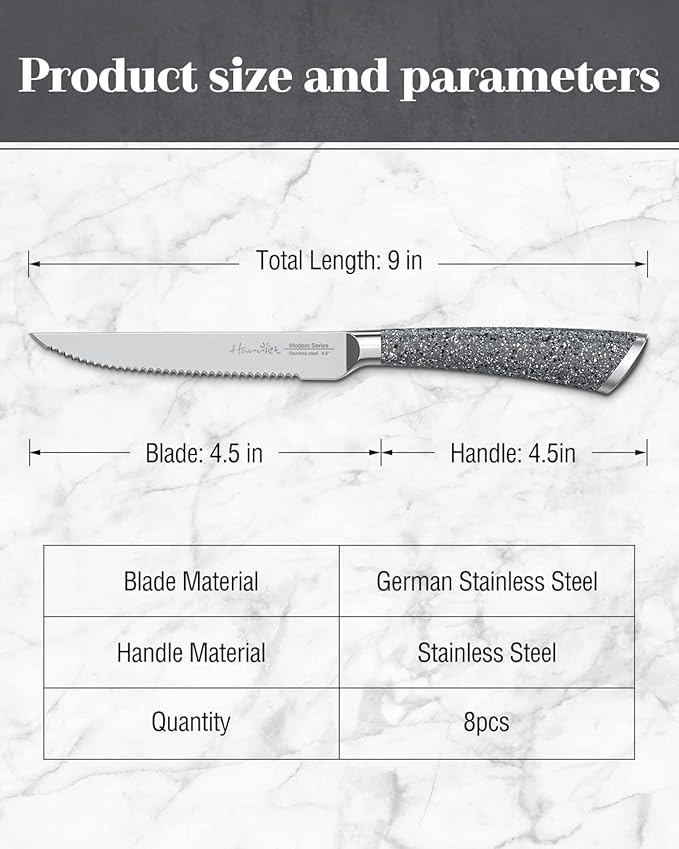harriet Steak Knives Set of 8, 4.5" Serrated Steak Knives, Full Tang Premium Stainless Steel Steak Knives Set with Gift Box, Dinner Knives, Marble Pattern Handle