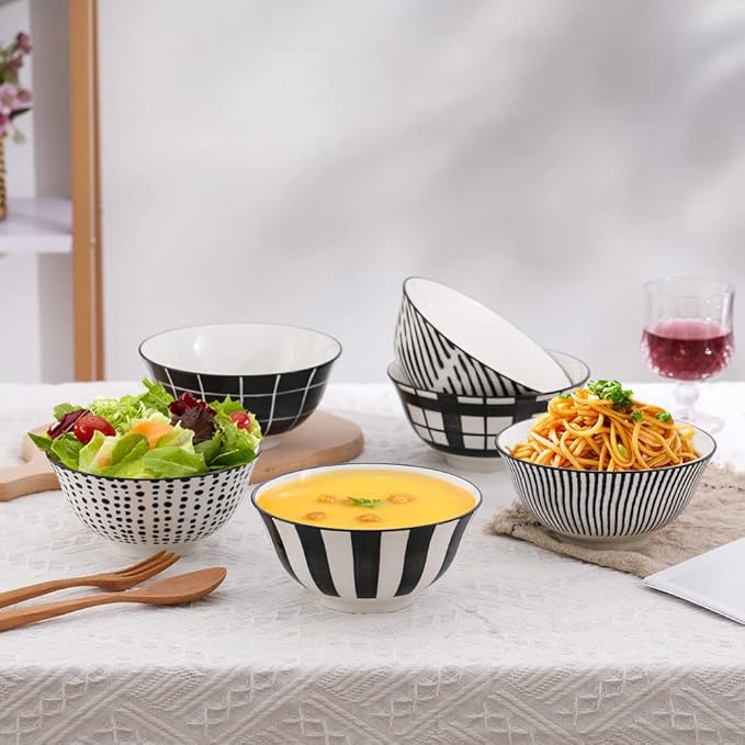 Cereal Bowl Porcelain Soup Bowls - Ceramic Bowl Set 23 oz - 6 Inch Japanese Bowls Black and White for Serving Salad | Ramen | Noodle | Pho | Oat | Oatmeal - Microwave and Dishwasher Safe - Set of 6