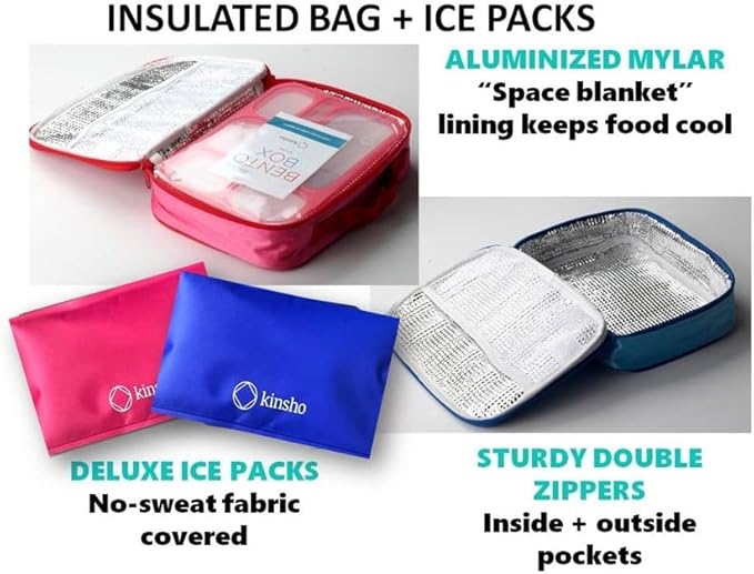 Bento Lunch Boxes with Bag and Ice Packs | Bento-Box Insulated Bag Ice Cold Pack Set of Two for Kids Adults | Value Container Set for School Kid Lunches, 6 Compartments BPA Free, Blue & Pink