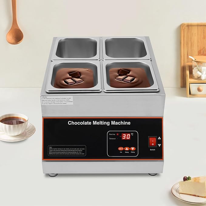 Chocolate Melting Pot, 500W 12kg/26.5lbs Electric Chocolate Tempering Machine, Stainless Steel Commercial Chocolate Melter Food Warmer for Catering Restaurant, 4 Tanks, 32-203°F