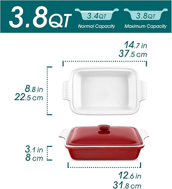 vancasso Blossom Casserole Dish, 13x9 Baking Dish, 3.8 Quart Casserole Dish Set Lasagna Pan Deep With Lid Oven Safe, Red