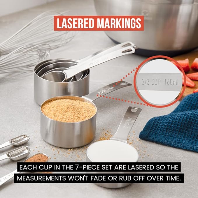Chef Pomodoro Stainless Steel Measuring Cup Set, Nested and Stackable with 7 Pieces, Sturdy Extra-long Handles with Lasered Markings and Sorting Ring, Metal Kitchen Spoons for Wet and Dry Ingredients