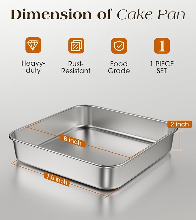8 x 8-Inch Baking Pan, 304 Stainless Steel Square Cake Pan, Commercial Grade Bakeware for Cakes Brownies Casseroles, Thicker Rectangle Sheet Cake Pans, Non-toxic & Heavy Duty &Dishwasher Safe