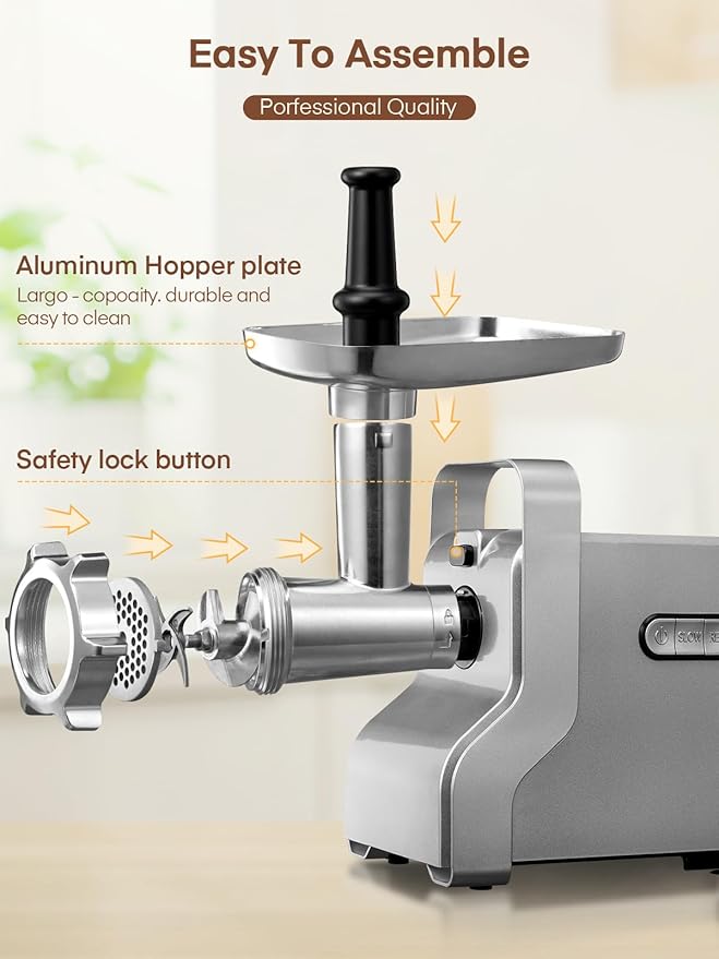 Meat Grinder Heavy Duty - 5 in1 Meat Grinder for Home Use - 3000W Max Powerful - Sausage Stuffer with 3 Stainless Steel Grinding Plates - Size #12 (silver)
