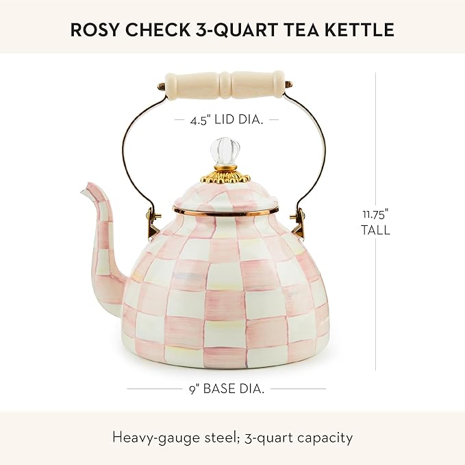 MACKENZIE-CHILDS Enamel Tea Kettle, Stylish Tea Kettle for Stovetop, Pink-and-White Rosy Check, 3 Quarts