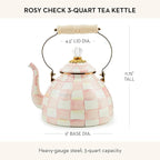 MACKENZIE-CHILDS Enamel Tea Kettle, Stylish Tea Kettle for Stovetop, Pink-and-White Rosy Check, 3 Quarts