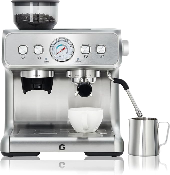 Stainless Steel Espresso Machine with Grinder and 20 Bar Pressure, 2.8l Removable Water Tank, Milk Frother Steam Wand for Latte and Cappuccino, Adjustable Shot Volume,Silver
