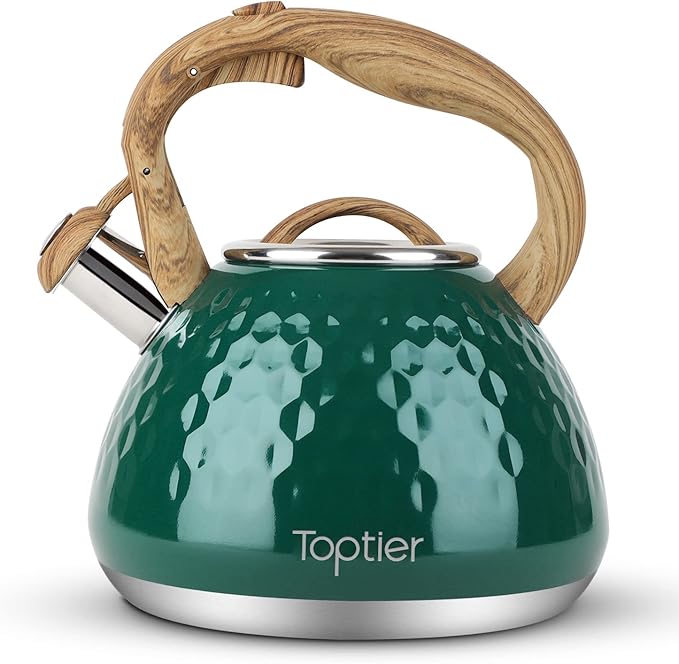 Tea Kettle, Toptier Teapot Whistling Kettle with Wood Pattern Handle Loud Whistle, Food Grade Stainless Steel Tea Pot for Stovetops Induction Diamond Design Water Kettle, 2.7-Quart Dark Green